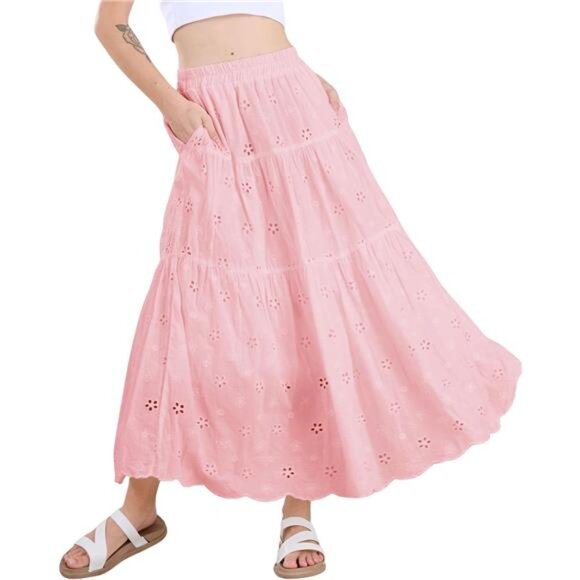 Women's Lace Embroidery Eyelet Boho Skirt Pink - Picture 1 of 7